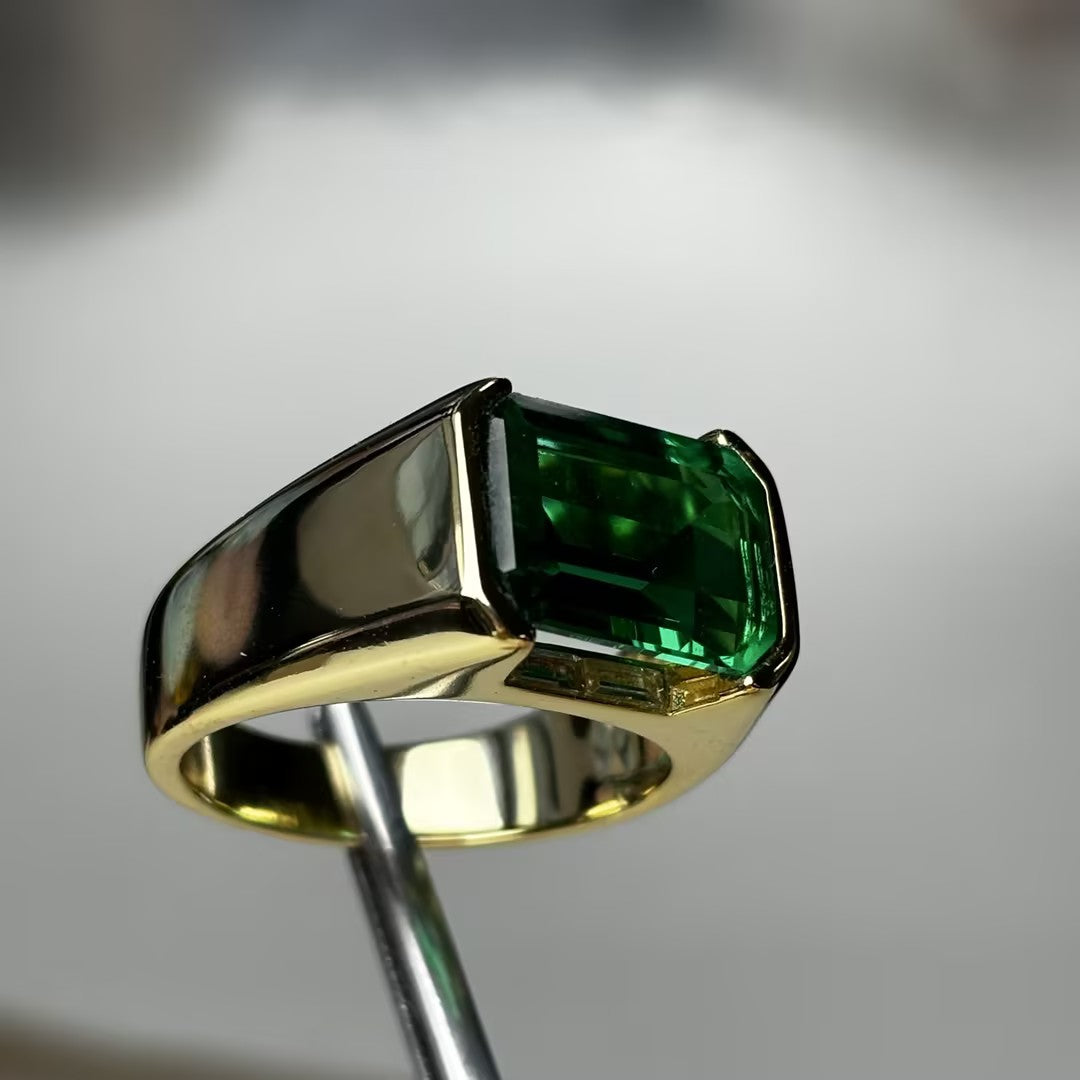 7.96Ct Emerald-Cut Half-Bezel Embroidered Emerald Engagement Ring