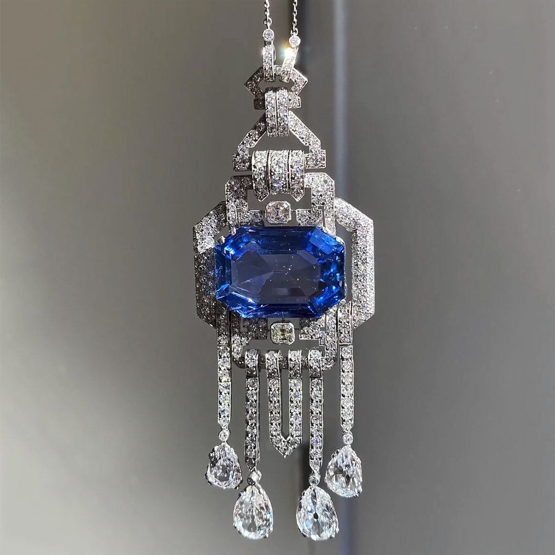17.47Ctw Art Deco style Ceylon gemstone pendant necklace
