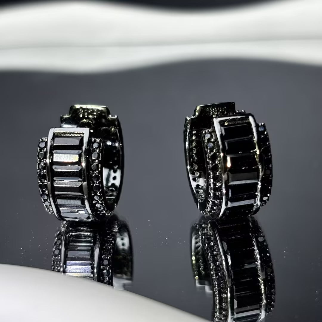 1.6Ctw Rectangular/Round Black Spinel Black Gold Stud Earrings