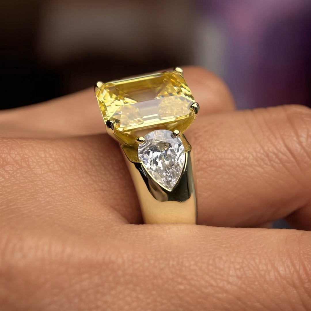 10.4Ctw Emerald Yellow Gemstone Three-Stone Engagement Ring
