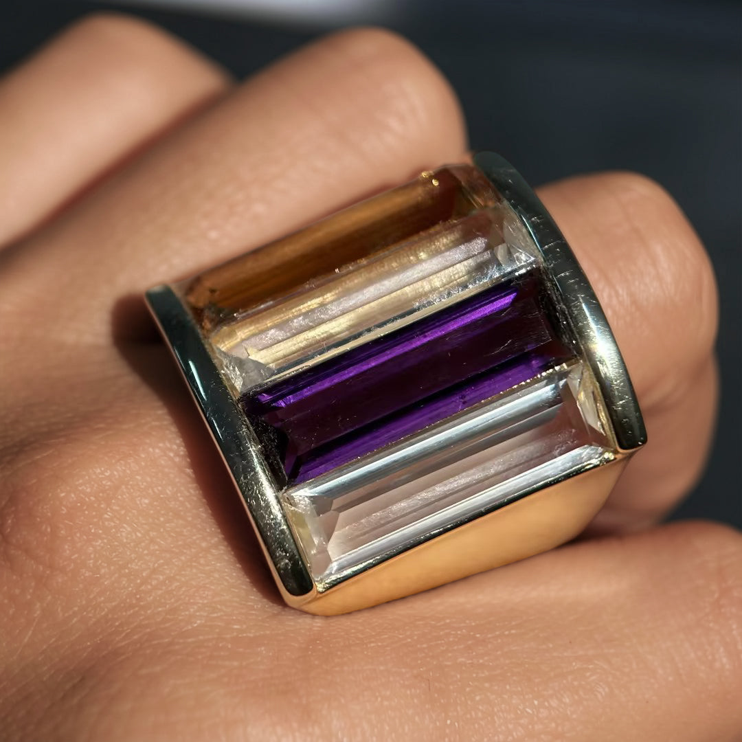 Rectangular multi-colored gemstone cigar ring