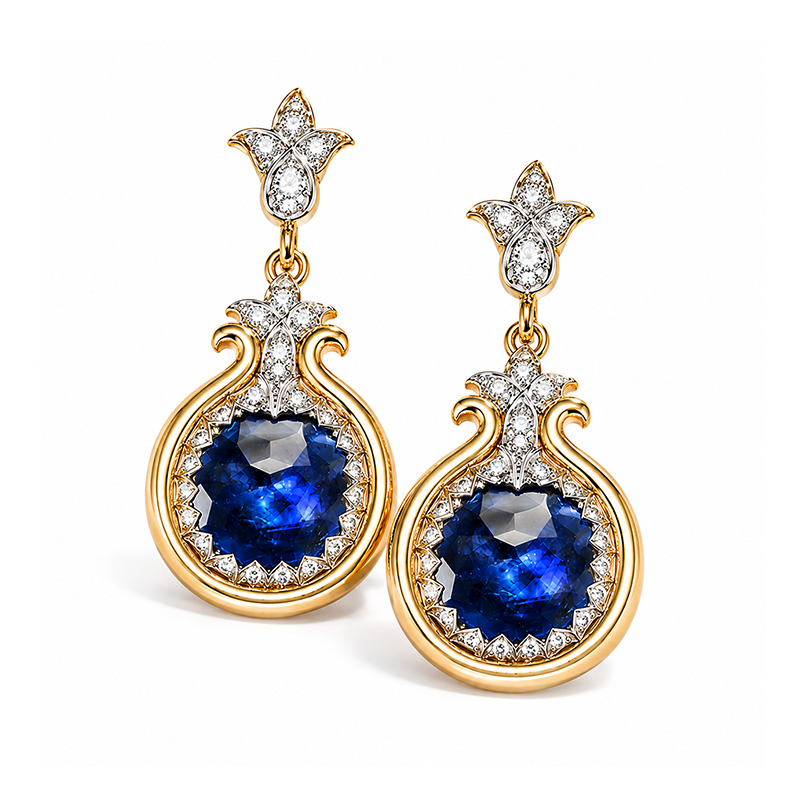 10ct Round Cut Royal Blue Cubic Zirconia Vintage Dangle Gold Plated 925 Sterling Silver Earrings-novajew