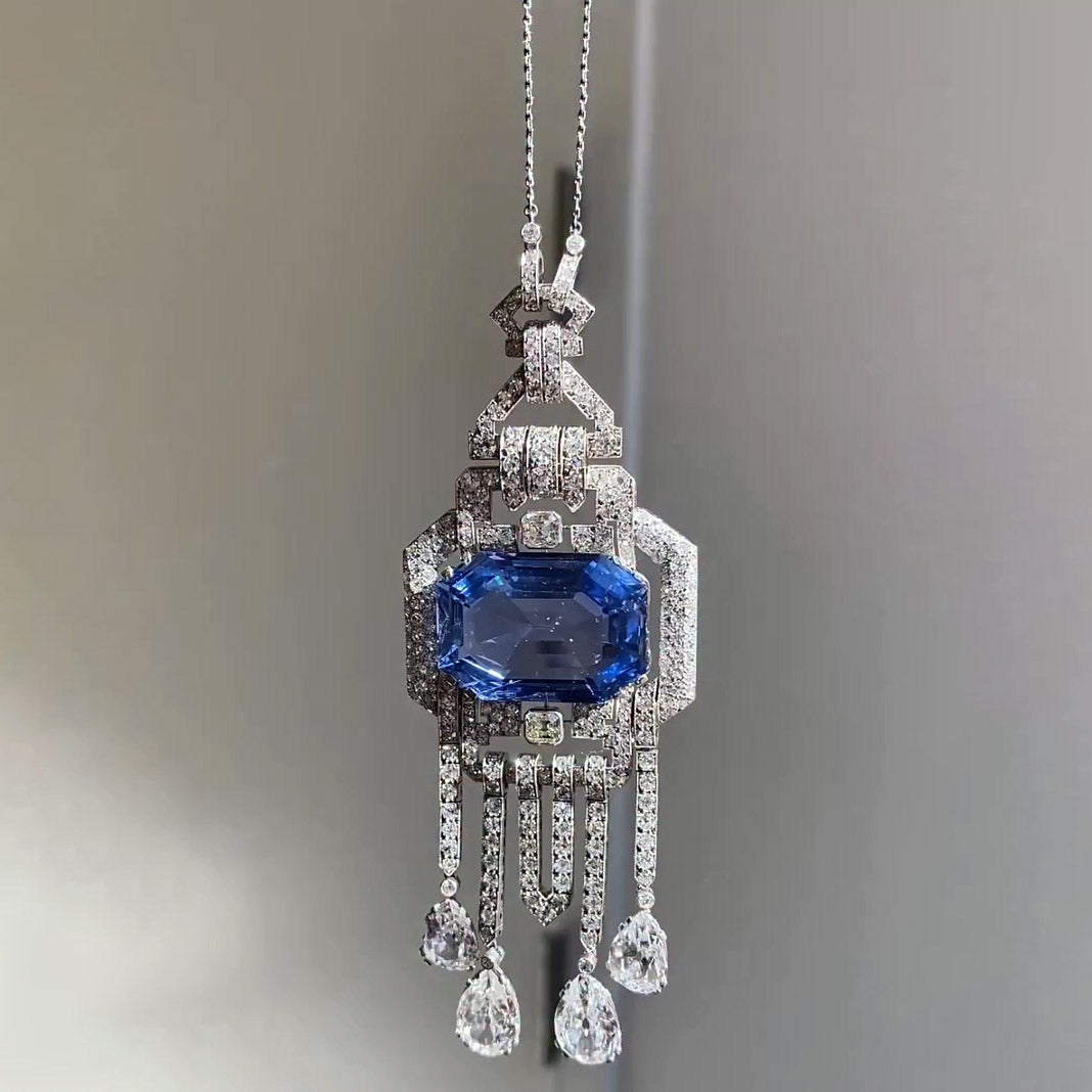 17.47Ctw Art Deco style Ceylon gemstone pendant necklace