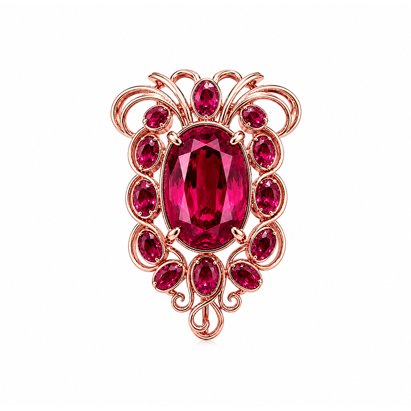 Vintage Oval-Cut Red Cubic Zirconia Floral Brooch