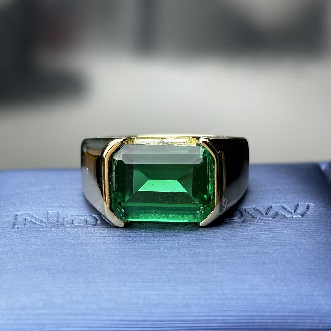 7.96Ct Emerald-Cut Half-Bezel Embroidered Emerald Engagement Ring