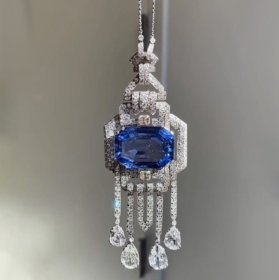 17.47Ctw Art Deco style Ceylon gemstone pendant necklace
