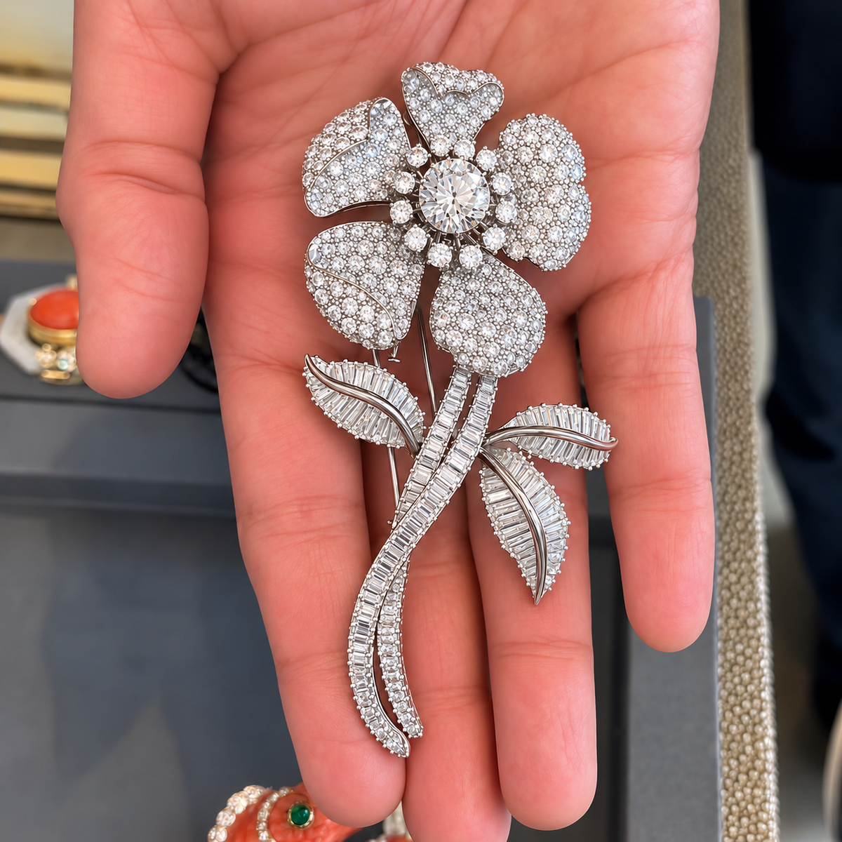 4CTW Baguette Cut White Cubic Zirconia Vintage 925 Silver Brooch-novajew