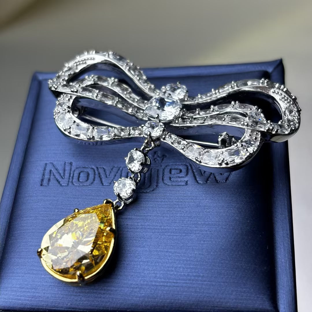 18Ctw Teardrop-shaped Yellow Gemstone Bow Vintage Brooch