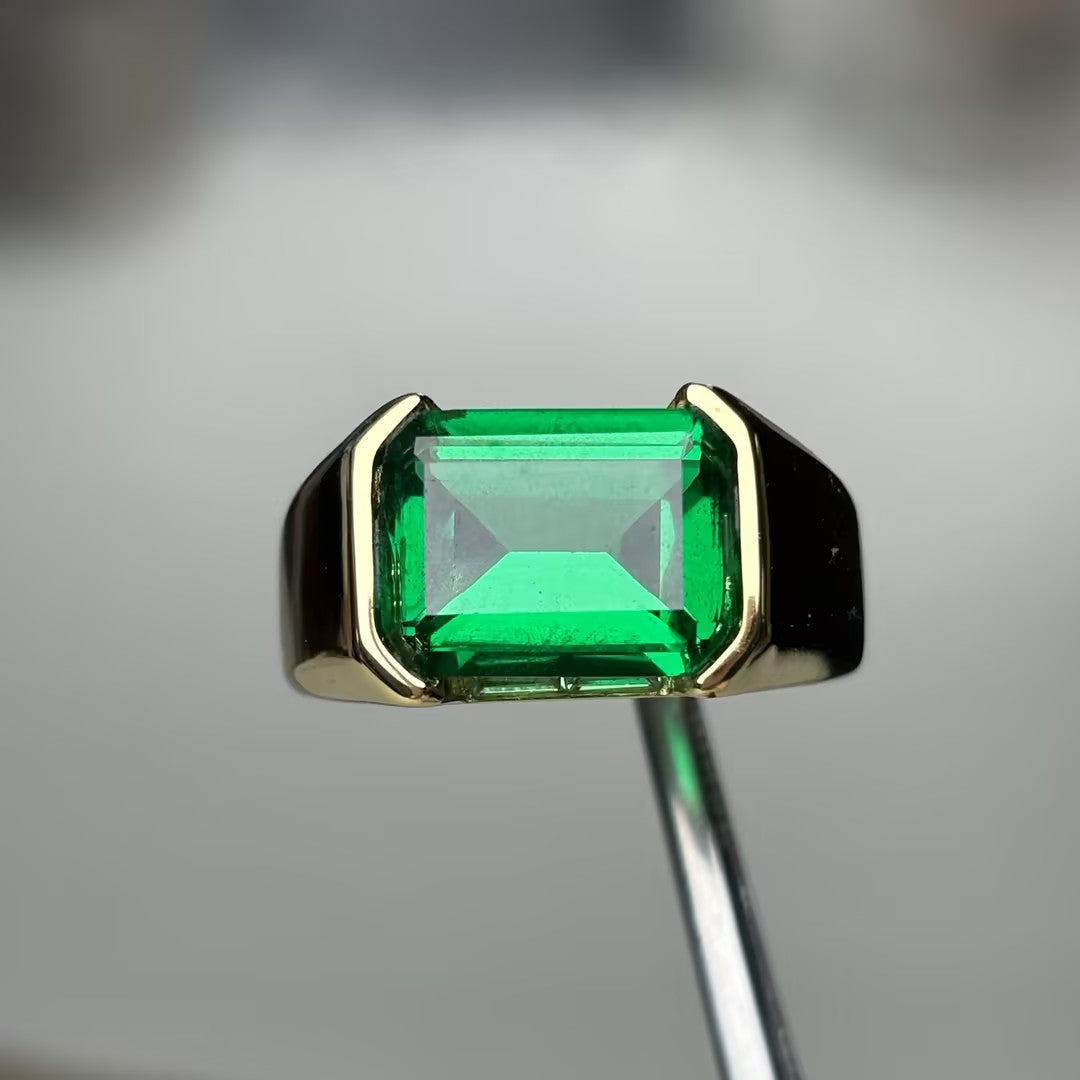7.96Ct Emerald-Cut Half-Bezel Embroidered Emerald Engagement Ring