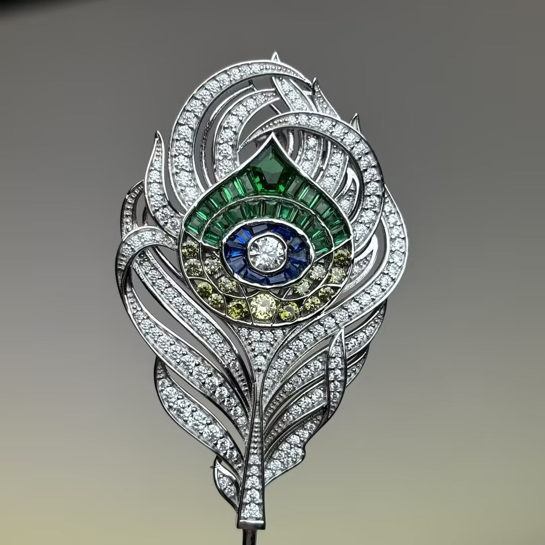 Peacock feather gemstone brooch
