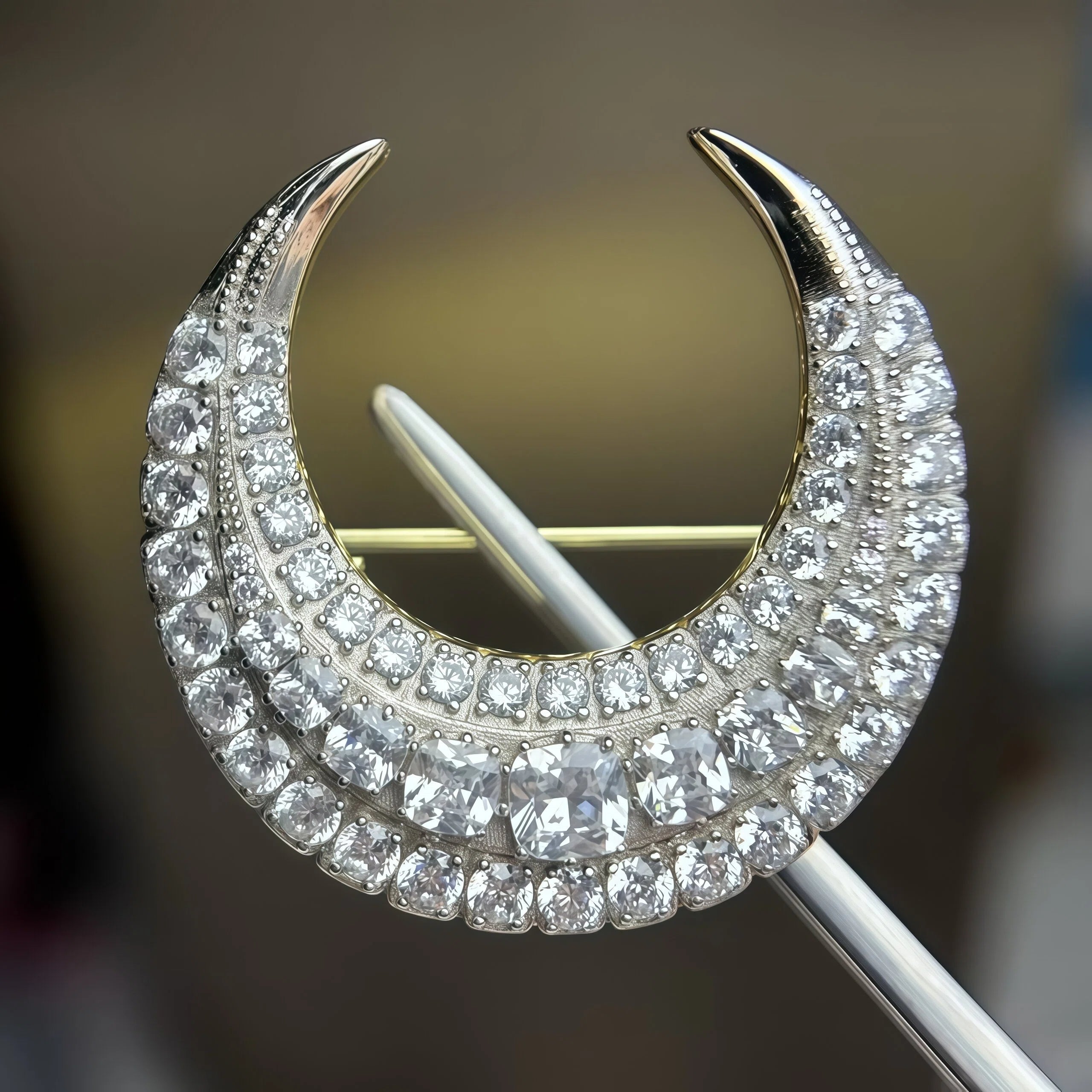 5.5ctw Old Mine Cut Crescent Moon Brooch
