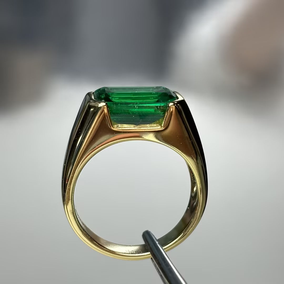 7.96Ct Emerald-Cut Half-Bezel Embroidered Emerald Engagement Ring