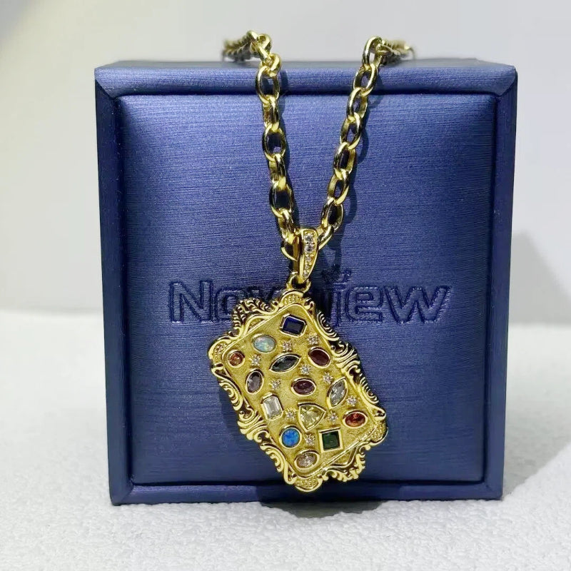 4.0Ctw Multi-cut Colored Gemstone Tray Pendant Necklace