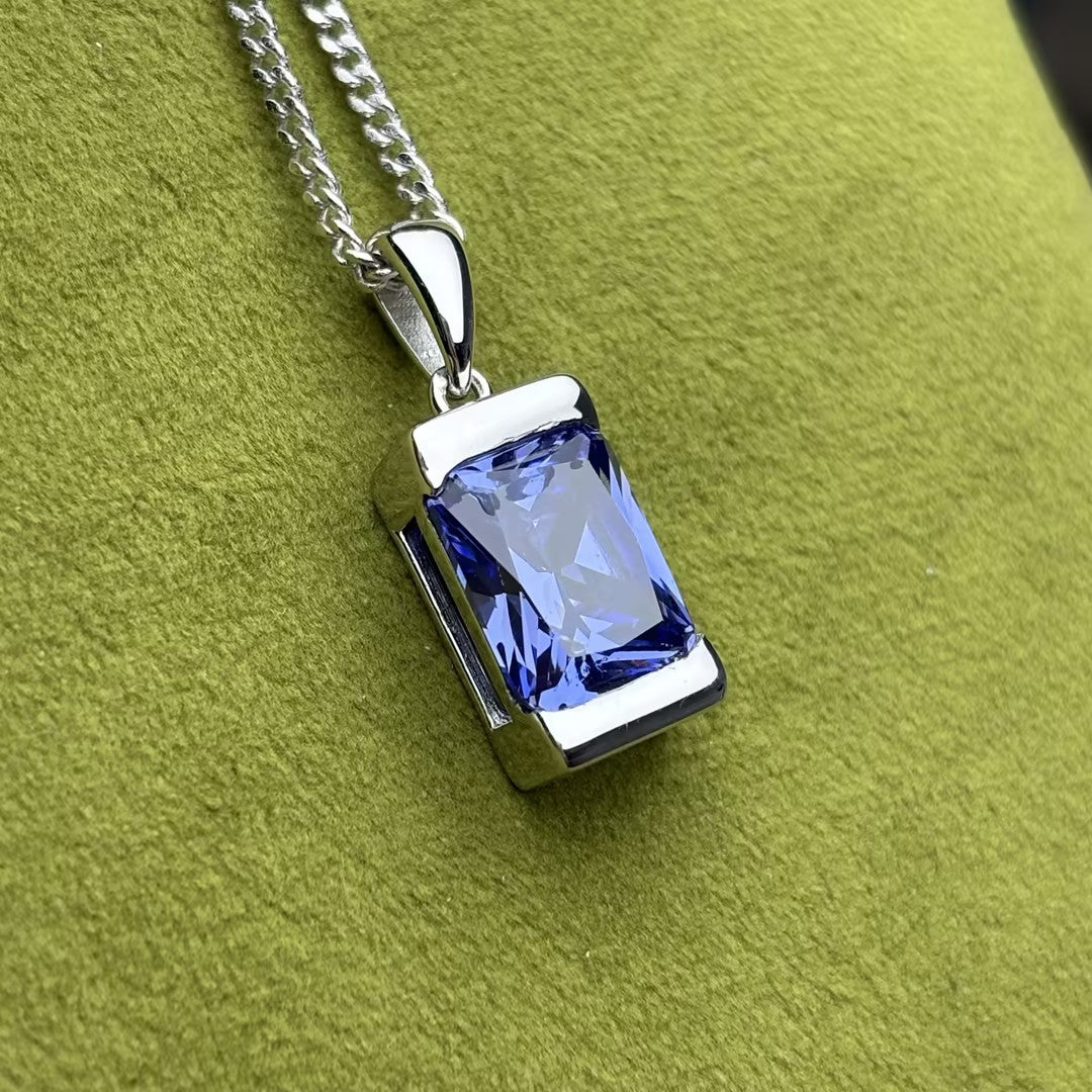 4.4Ct Octagonal Blue Sapphire Cuban Chain Pendant Necklace