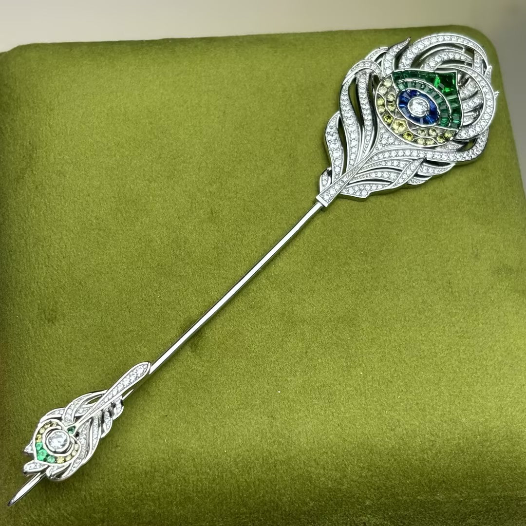 Peacock feather gemstone brooch