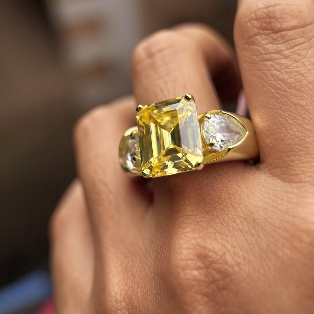 10.4Ctw Emerald Yellow Gemstone Three-Stone Engagement Ring