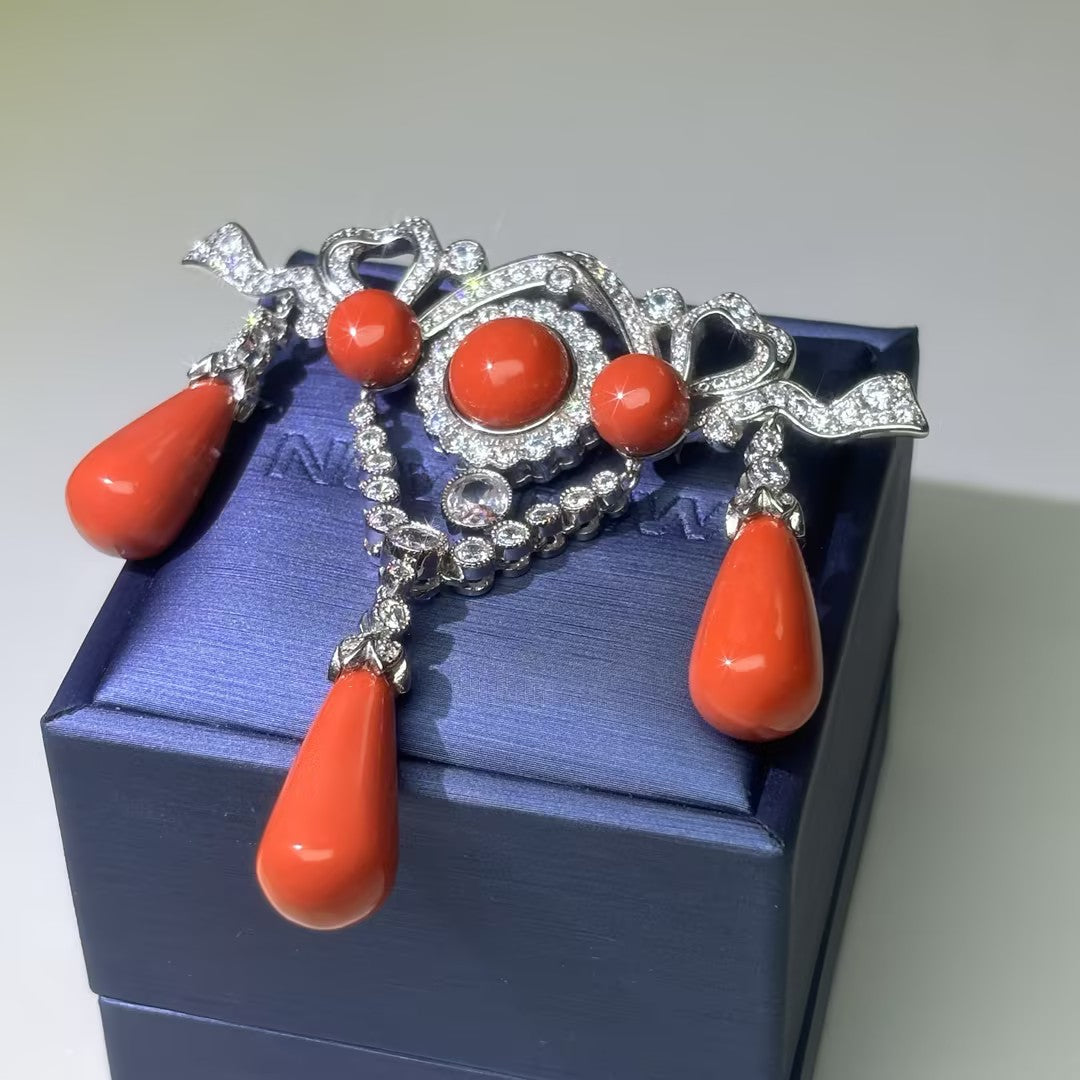 Red coral bow ribbon brooch and earrings