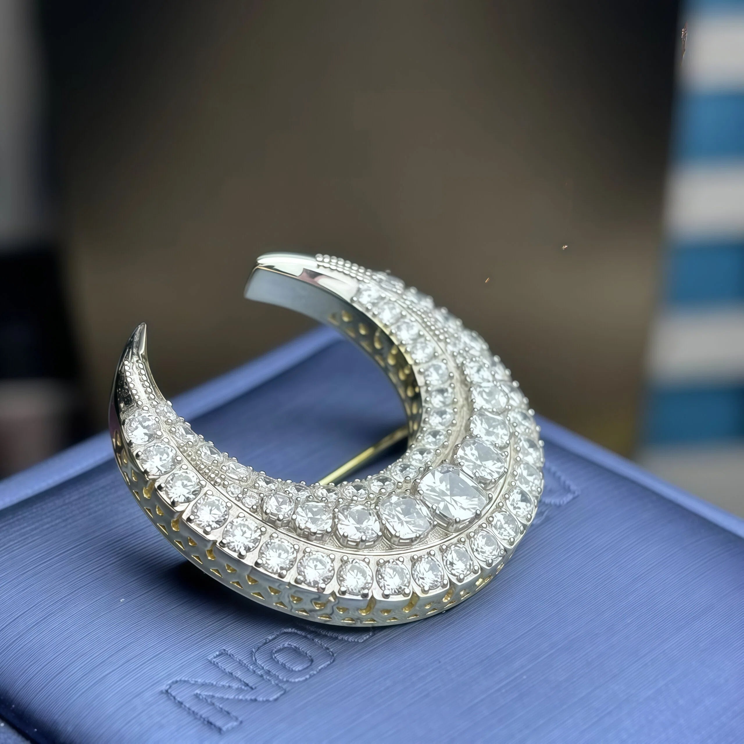 5.5ctw Old Mine Cut Crescent Moon Brooch