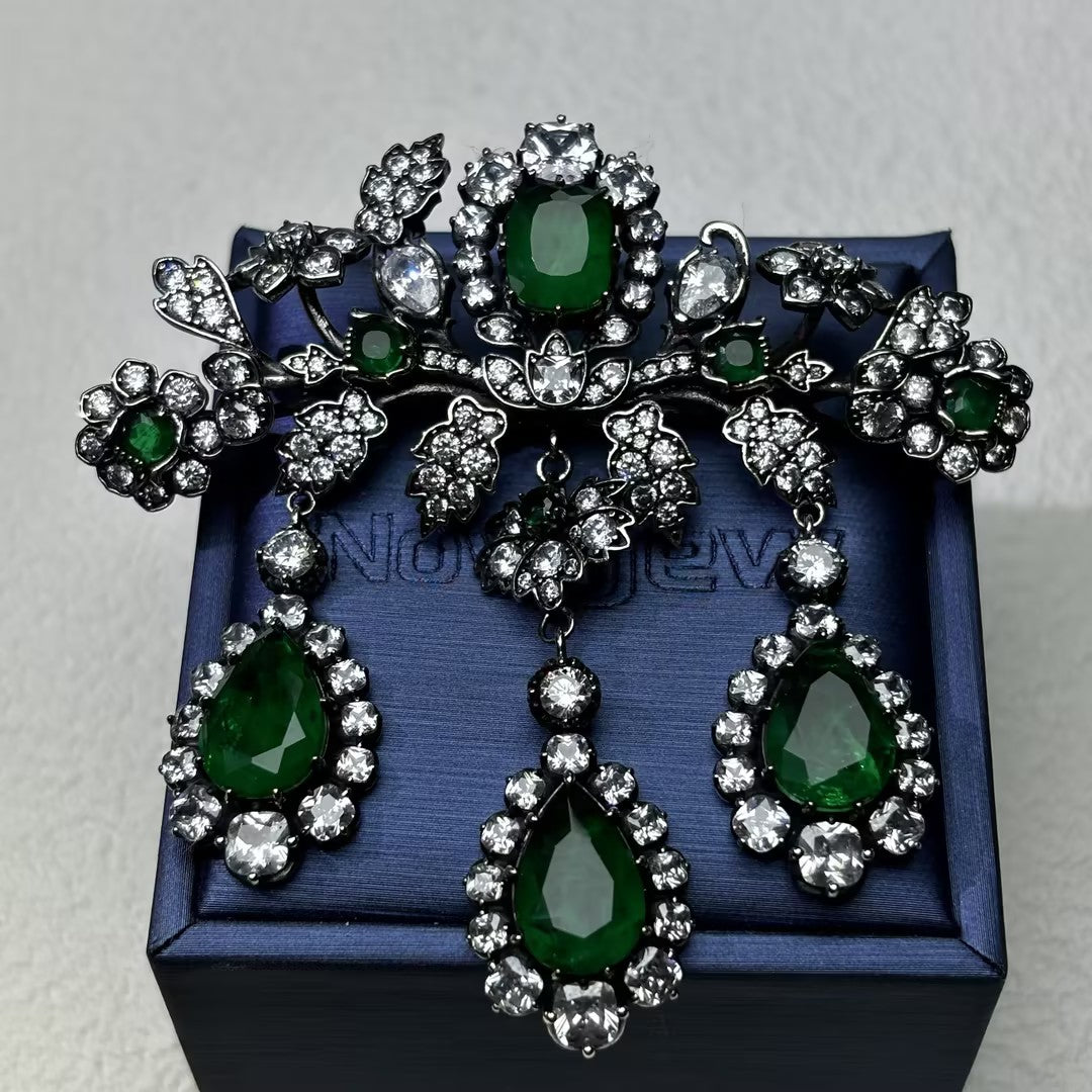 Emerald Brooch and Earring Set