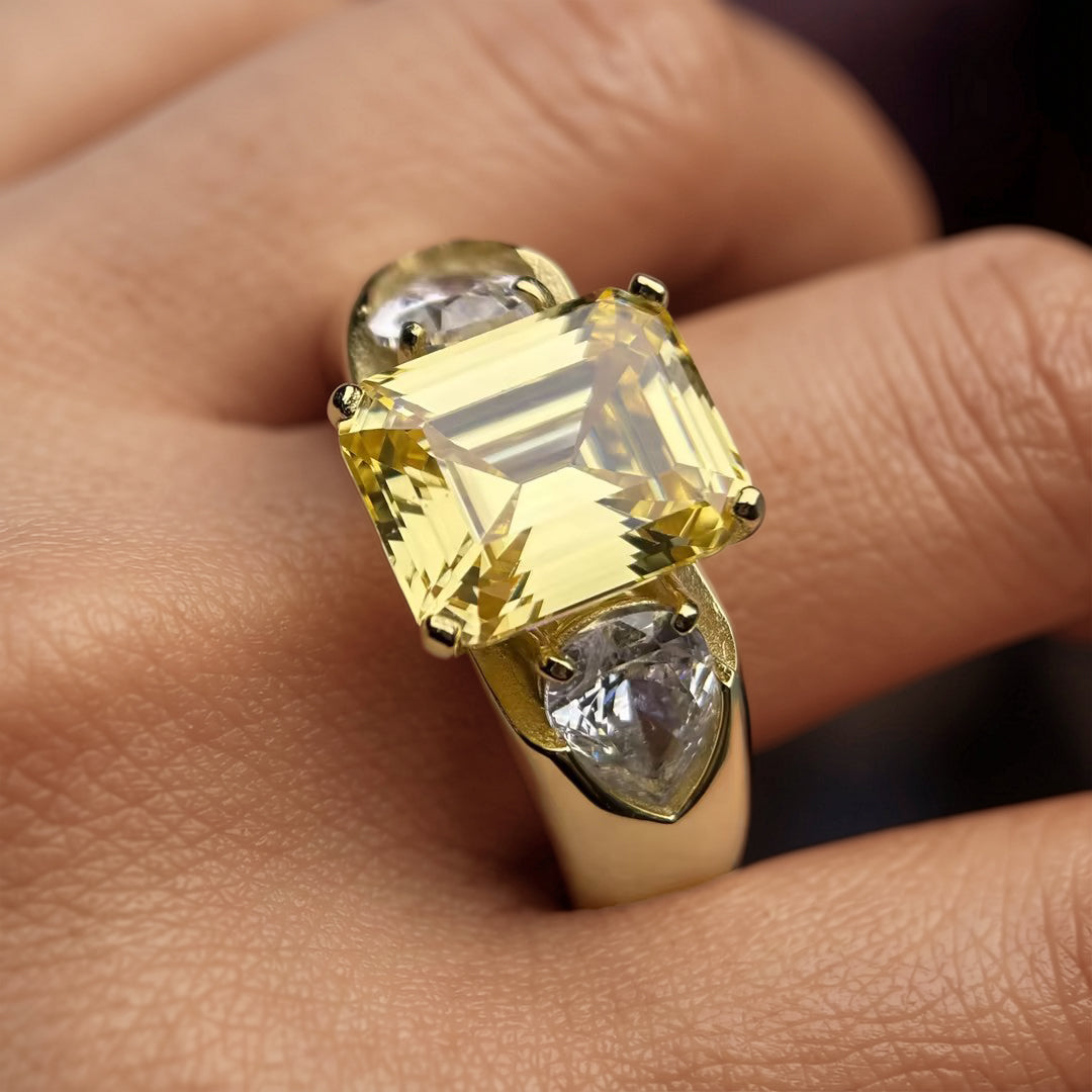 10.4Ctw Emerald Yellow Gemstone Three-Stone Engagement Ring