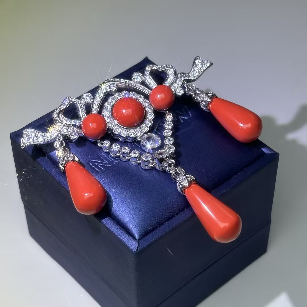 Red coral bow ribbon brooch and earrings