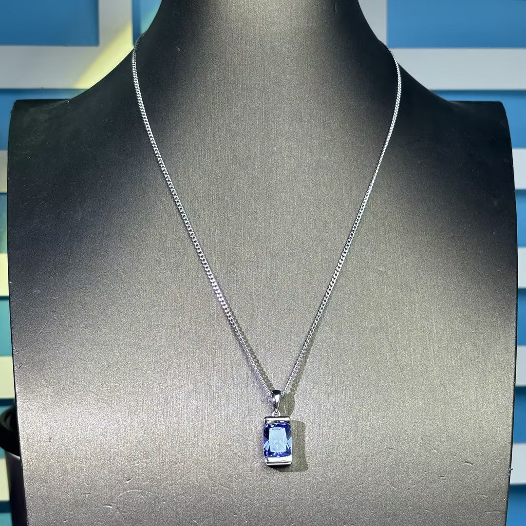 4.4Ct Octagonal Blue Sapphire Cuban Chain Pendant Necklace