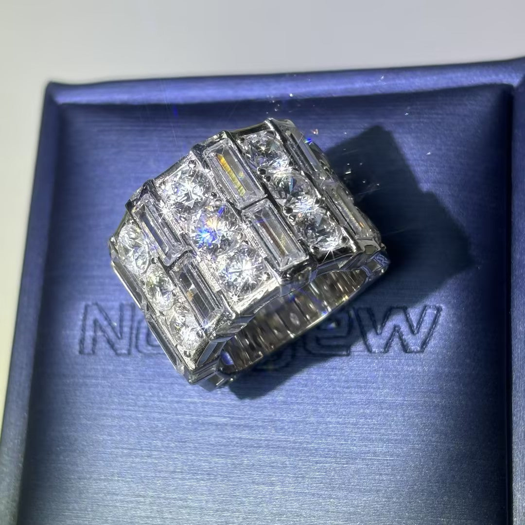 8.5Ctw round and rectangular cut wide ring with three rows of gemstones
