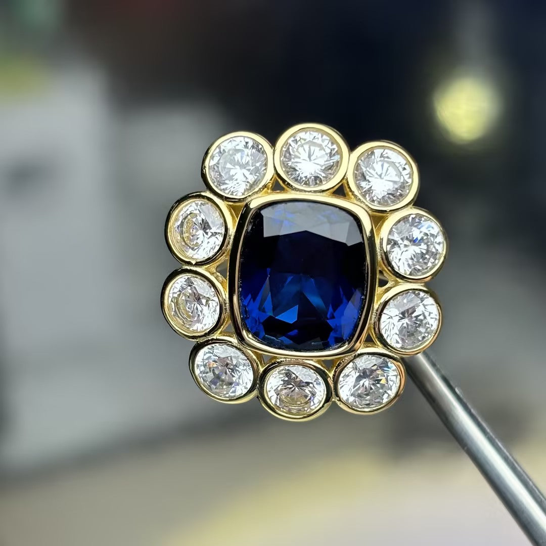 4.62Ctw cushion-cut blue gemstone flower ring