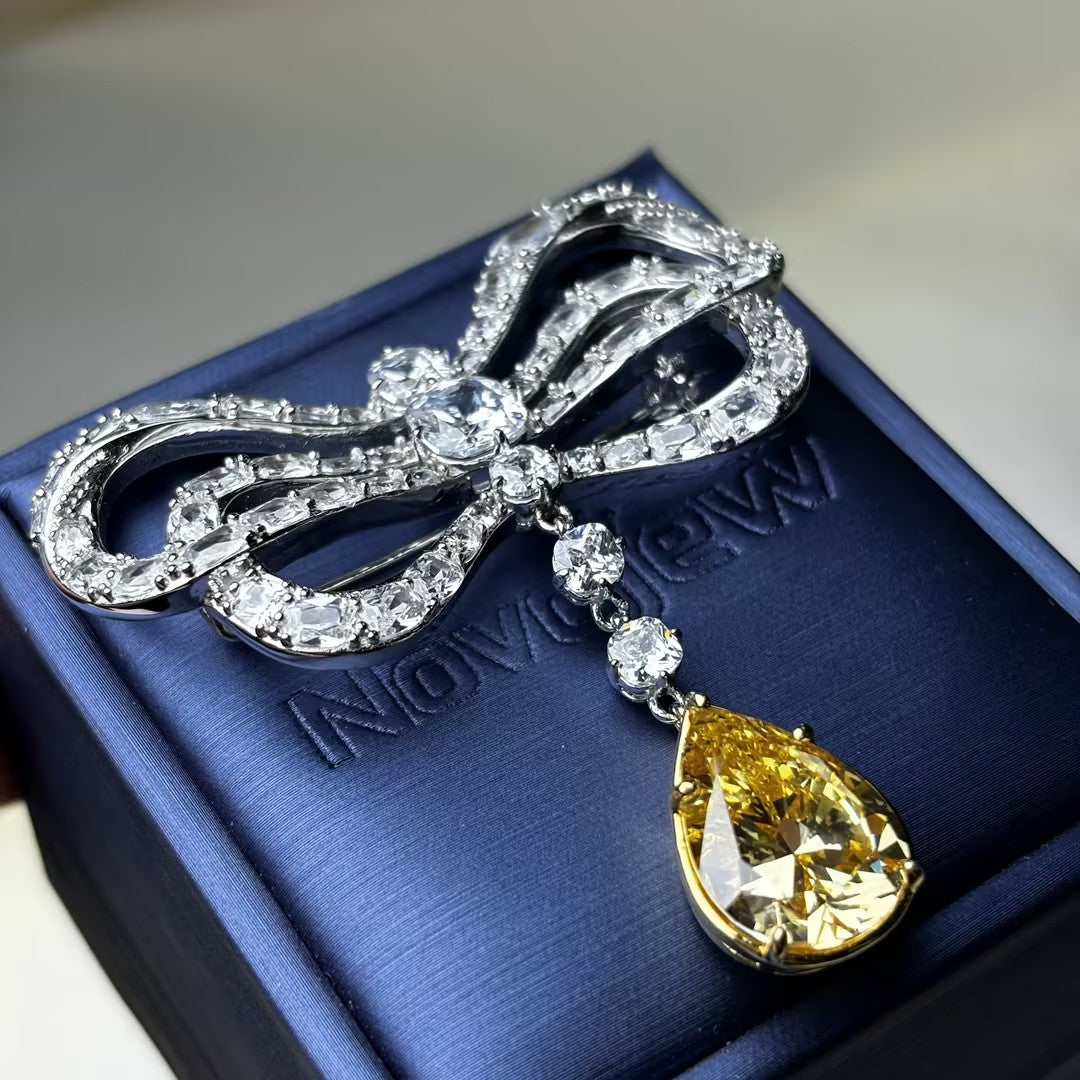 18Ctw Teardrop-shaped Yellow Gemstone Bow Vintage Brooch
