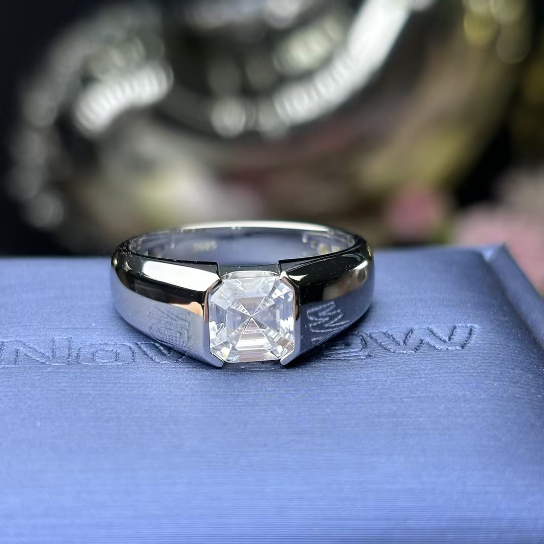 4Ct square Ascher-cut single gemstone semi-bezel-set engagement ring