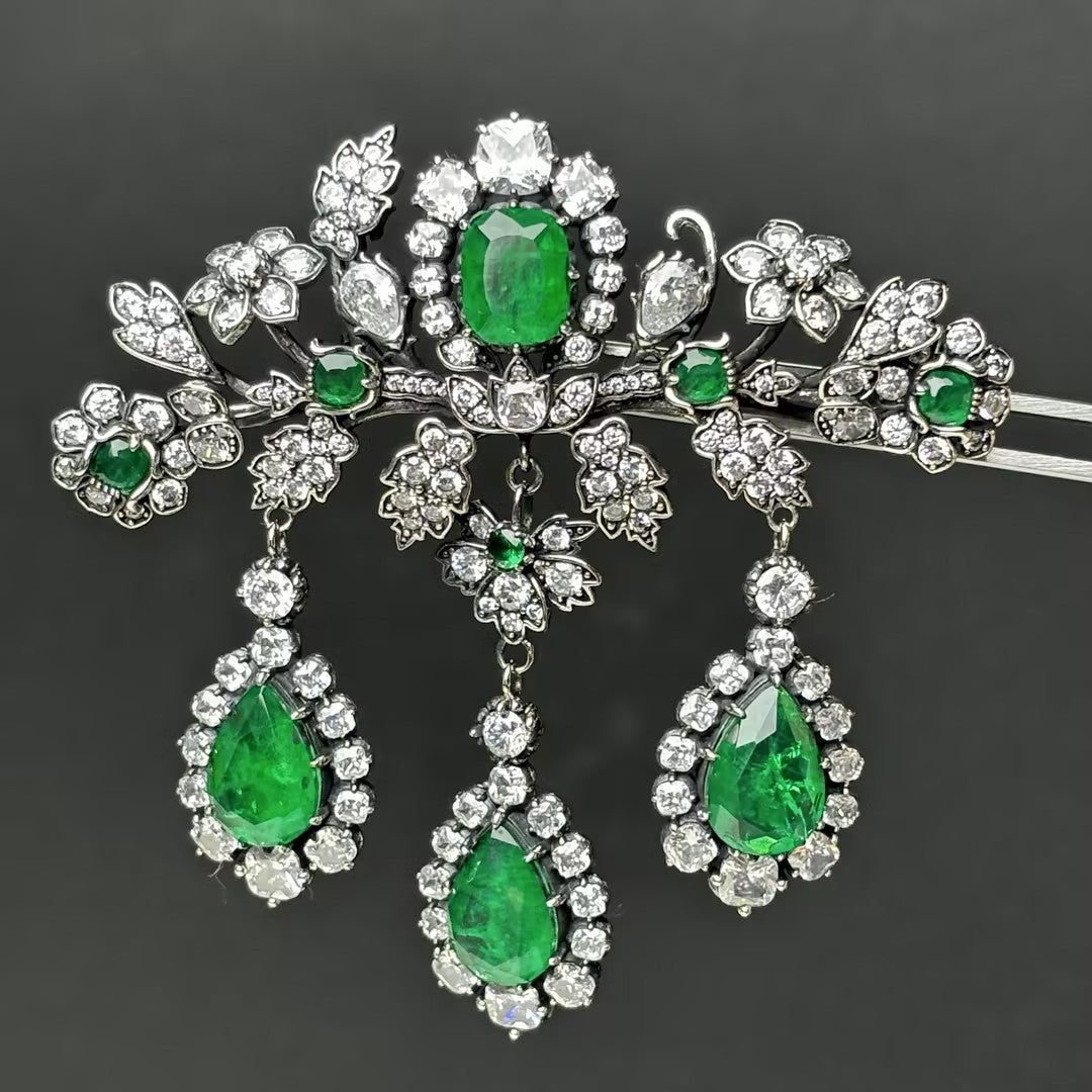Emerald Brooch and Earring Set