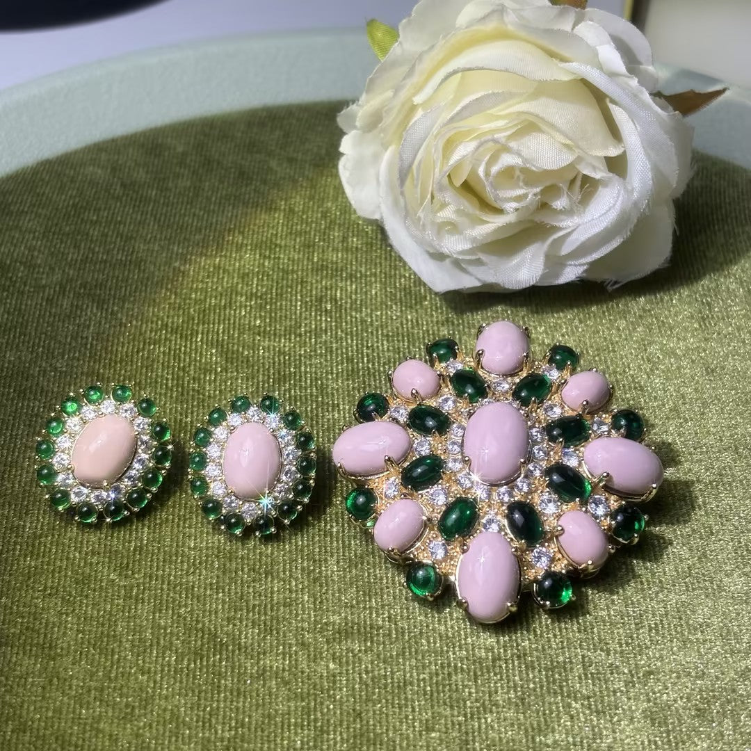 A unique turquoise and gemstone brooch, earrings, and pendant set