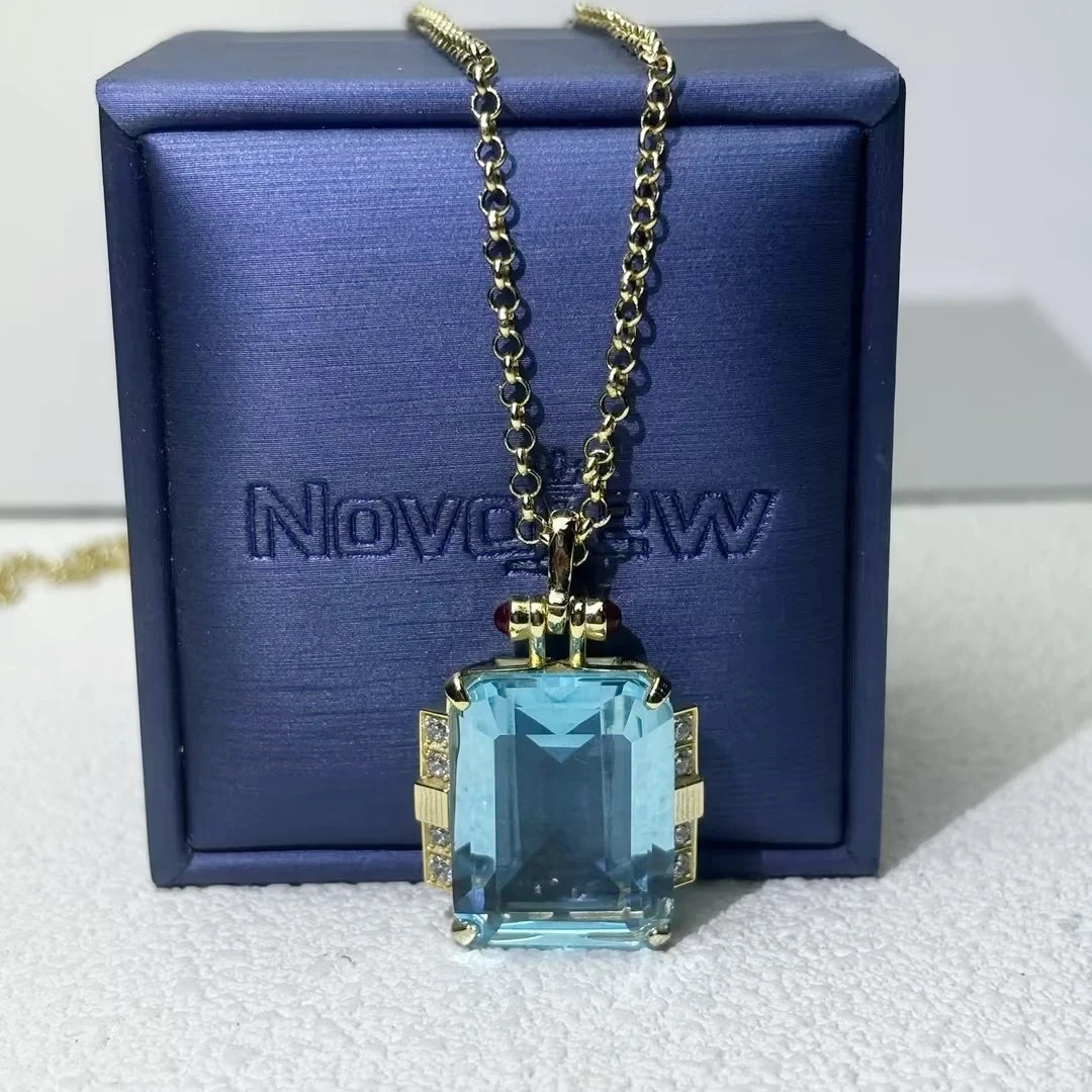 12 CTW Octagon Cut Blue Cubic Zirconia Vintage 925 Sterling Silver Pendant-NOVAJEW