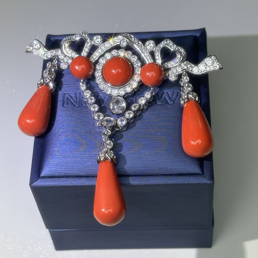 Red coral bow ribbon brooch and earrings