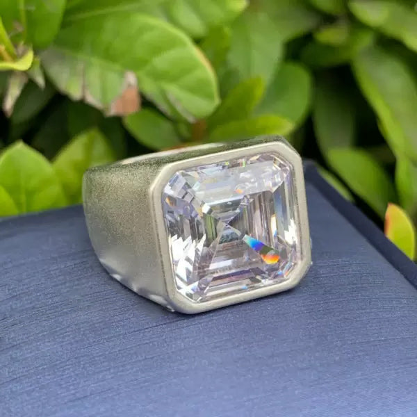 12ct Asscher Cut Bezel Set Minimalist White Gemstone Men's Ring
