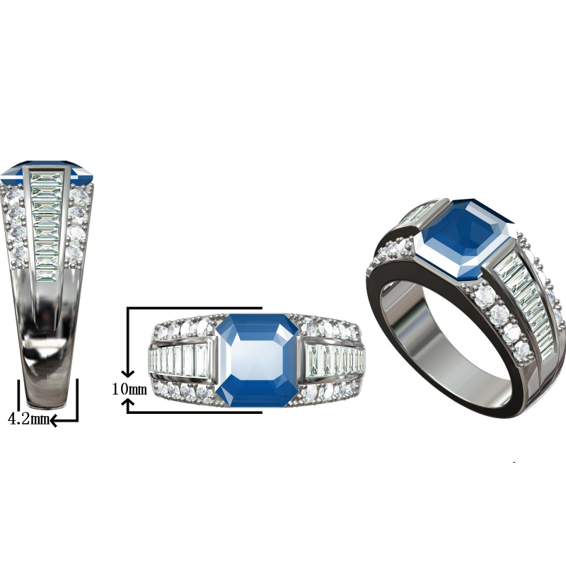 Octagonal emerald cut sapphire diamond ring