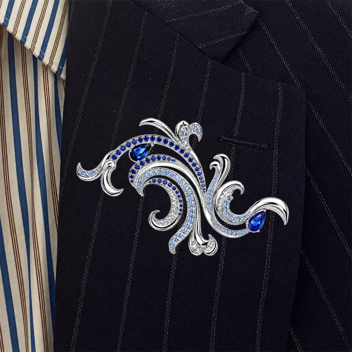 2 CTW Pear Cut Blue Cubic Zirconia Elegant 925 Sterling Silver Brooch-Novajew