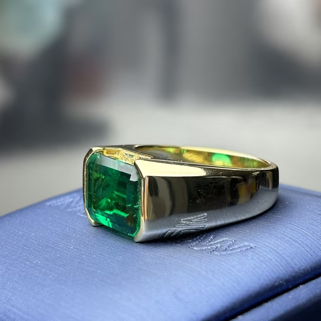 7.96Ct Emerald-Cut Half-Bezel Embroidered Emerald Engagement Ring