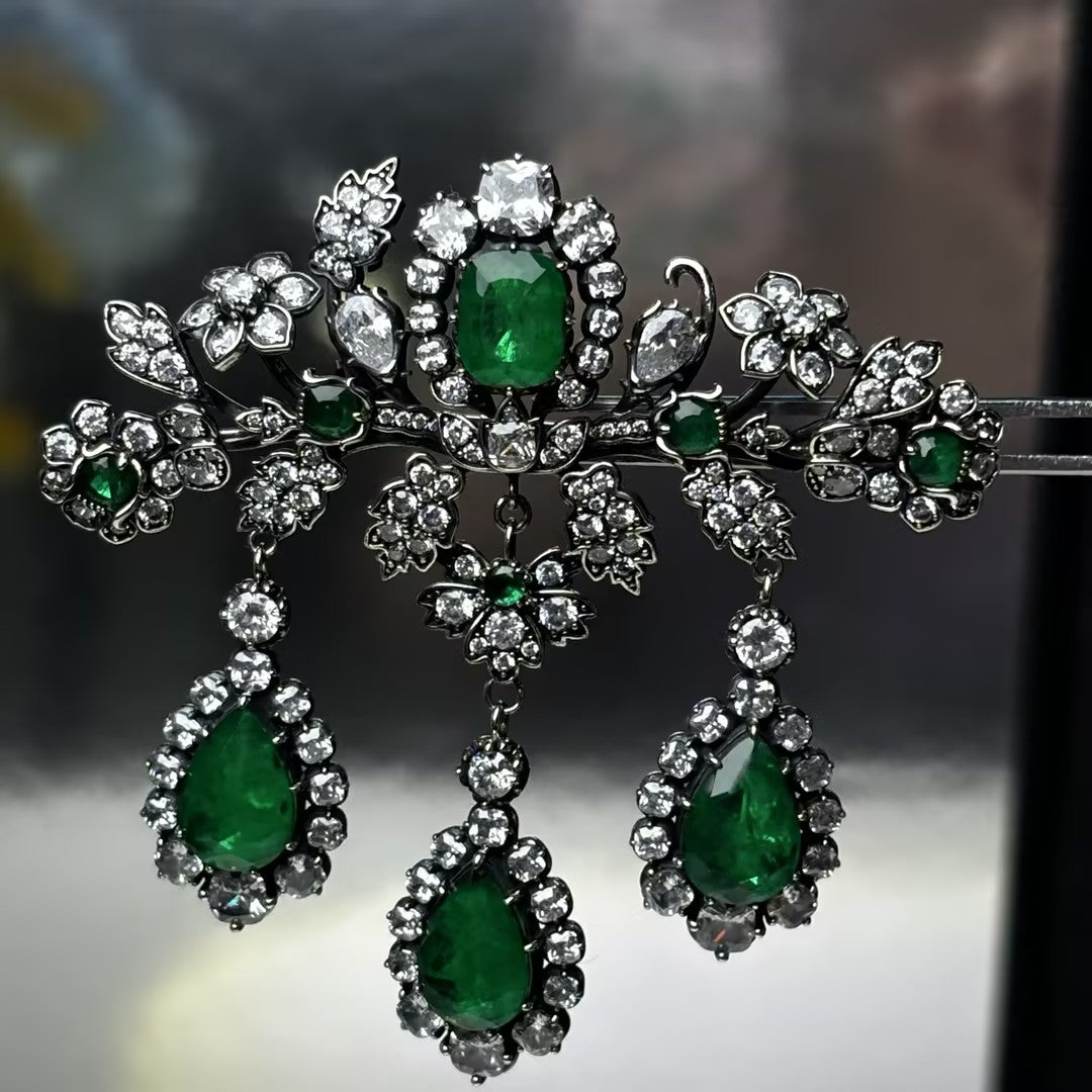 Emerald Brooch and Earring Set