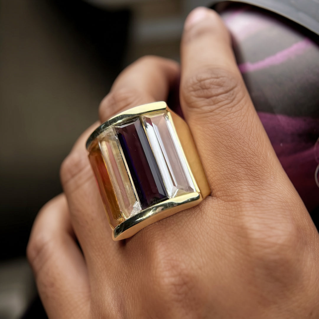 Rectangular multi-colored gemstone cigar ring