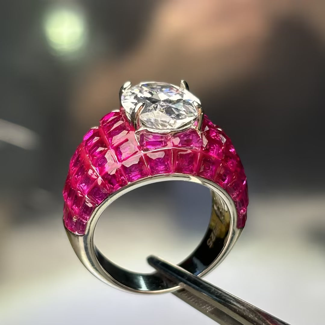 5.3Ctw Oval-cut Invisible Set with Ruby and White Gemstones Engagement Ring