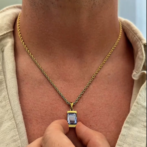 4.4Ct Octagonal Blue Sapphire Cuban Chain Pendant Necklace
