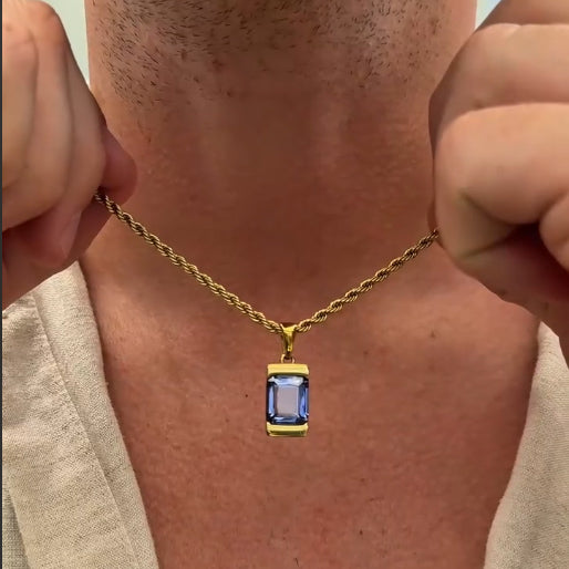 4.4Ct Octagonal Blue Sapphire Cuban Chain Pendant Necklace