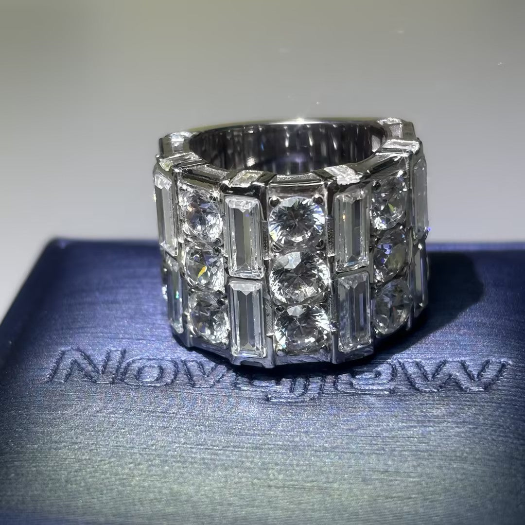 8.5Ctw round and rectangular cut wide ring with three rows of gemstones