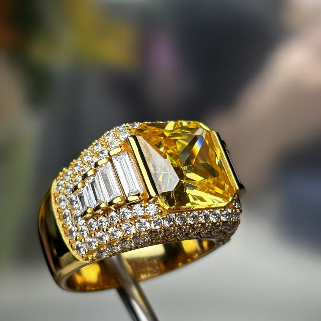 22.5Ctw Fancy Yellow Radiant Cut Pavé Gemstone Ring