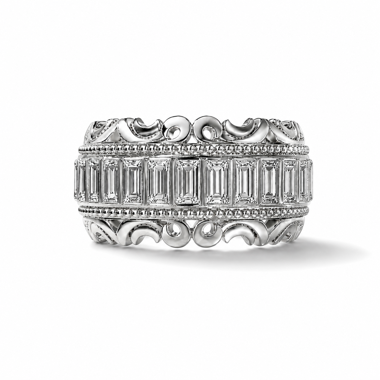 11ctw Baguette Cut Clear White Cubic Zirconia Retro Scroll Carved 925 Sterling Silver Ring