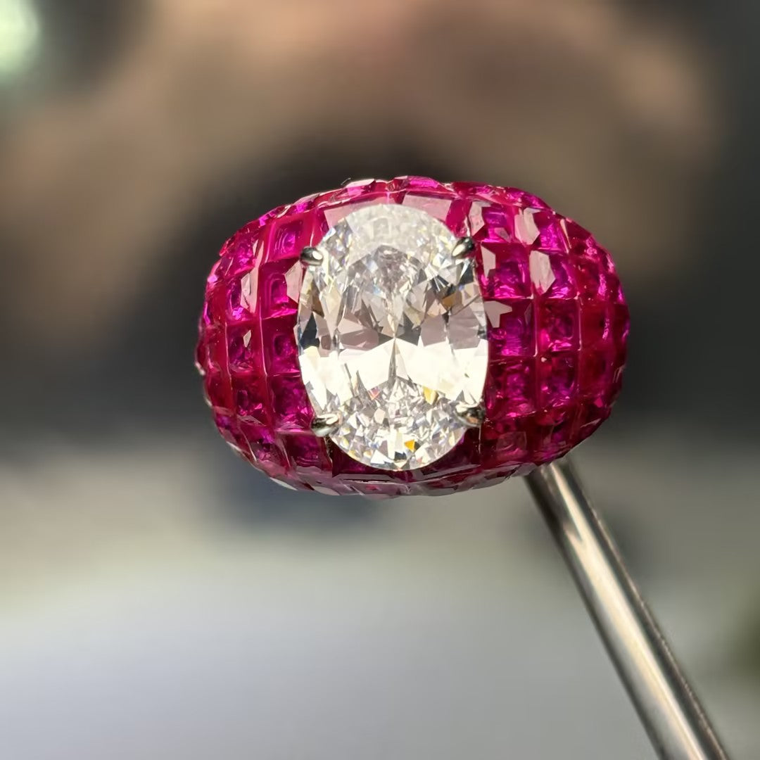 5.3Ctw Oval-cut Invisible Set with Ruby and White Gemstones Engagement Ring