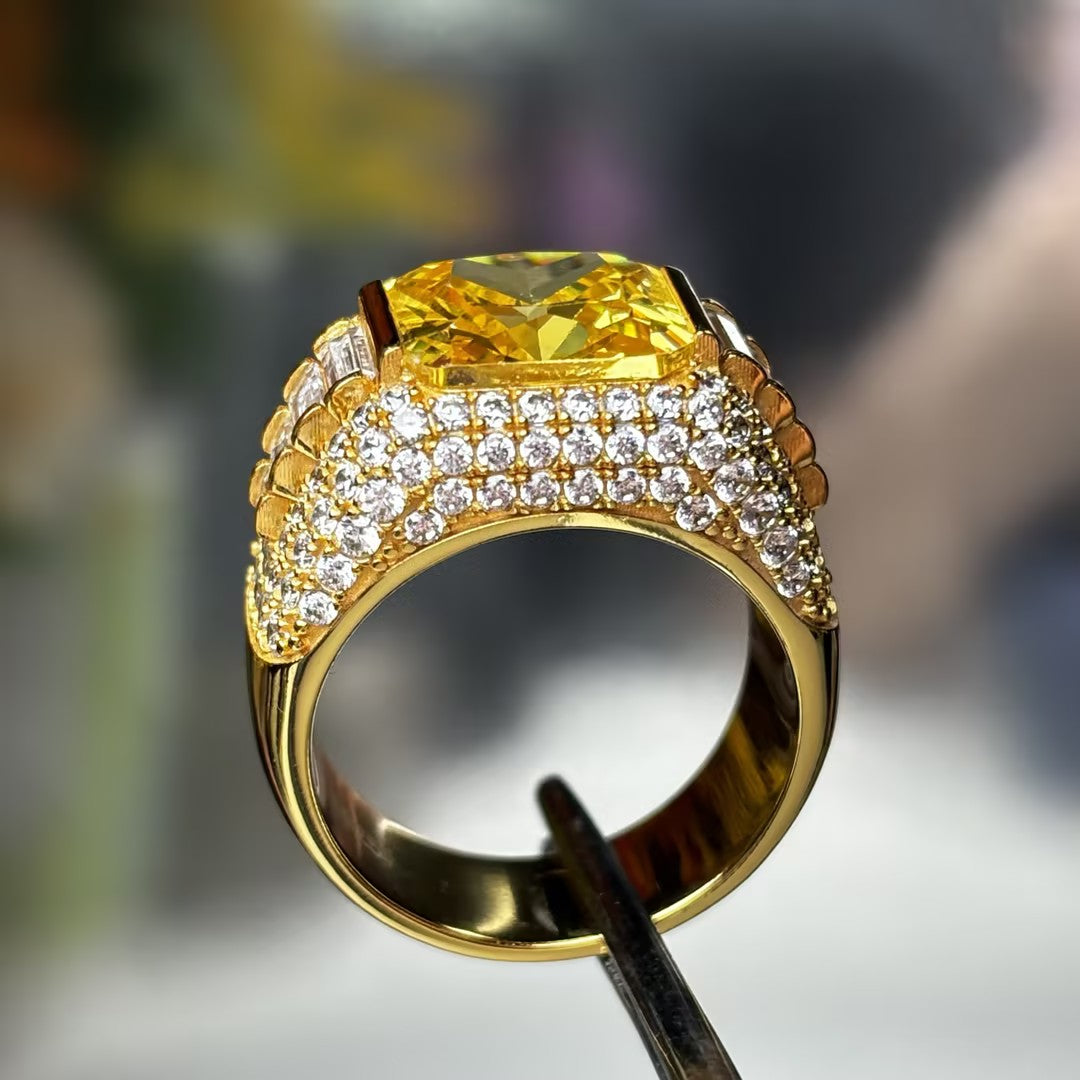 22.5Ctw Fancy Yellow Radiant Cut Pavé Gemstone Ring