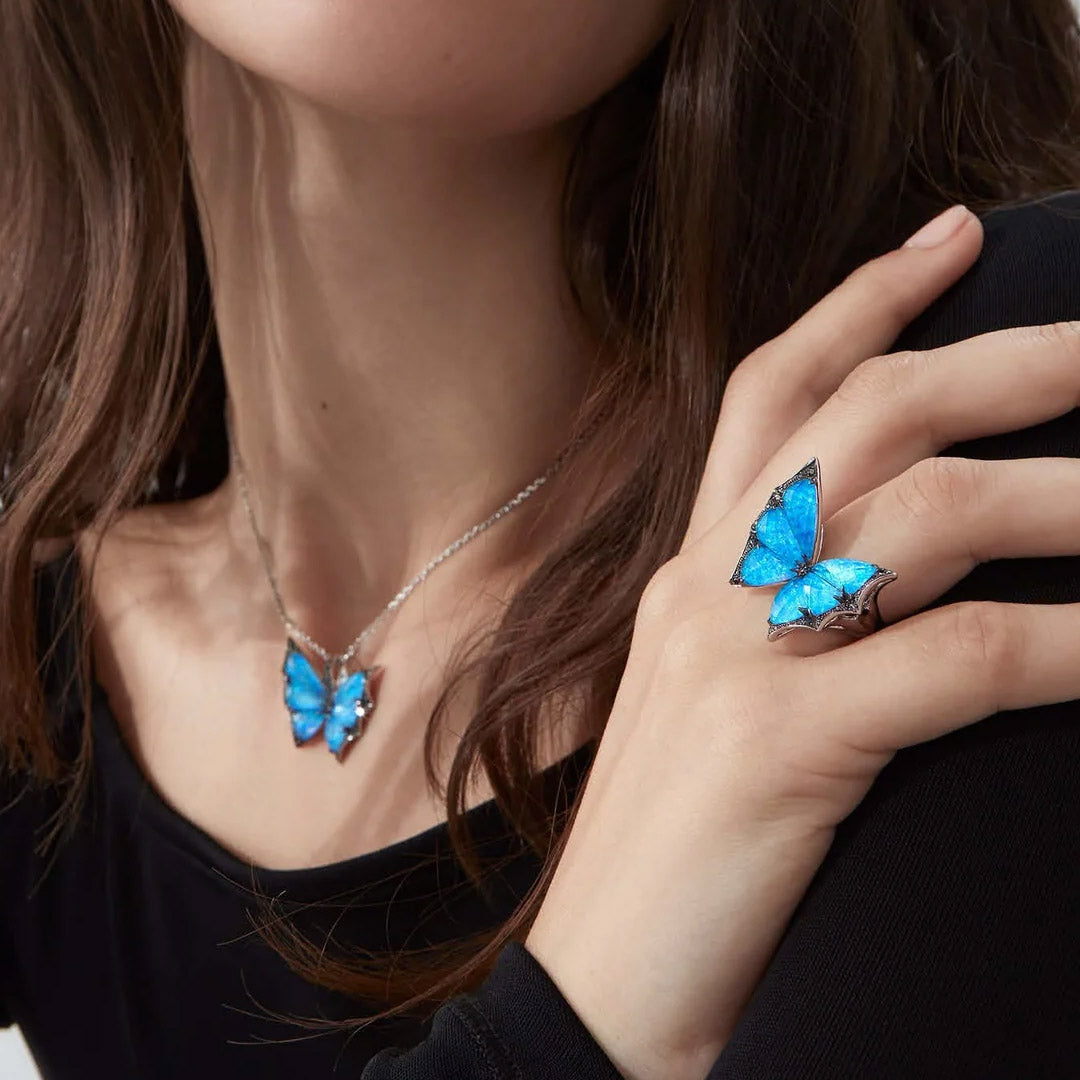 Blue opal crystal butterfly ring, necklace, and earring set