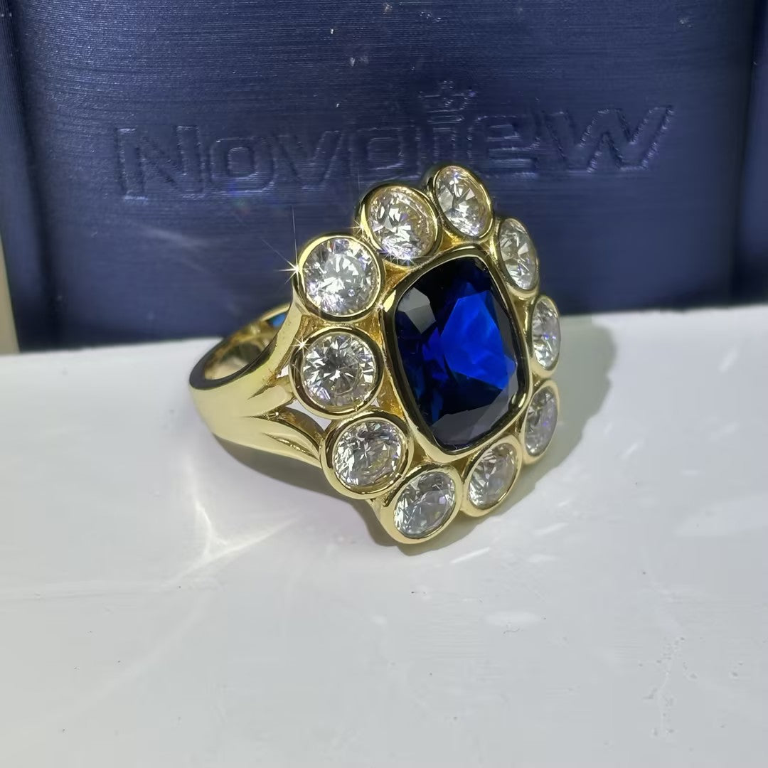 4.62Ctw cushion-cut blue gemstone flower ring